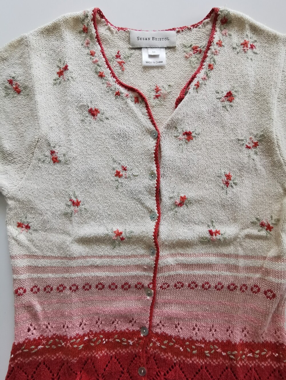 Susan Bristol Cream Knit Short Sleeve Cardigan with Red Pink Floral Embroidery - Picture 3 of 6